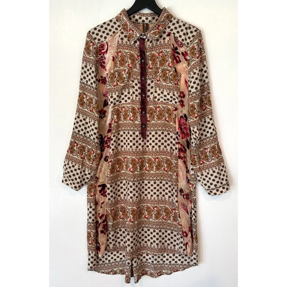 Aratta Silent Journey Boho Maxi Shirt Dress Tunic Button Up Whimsical Size M